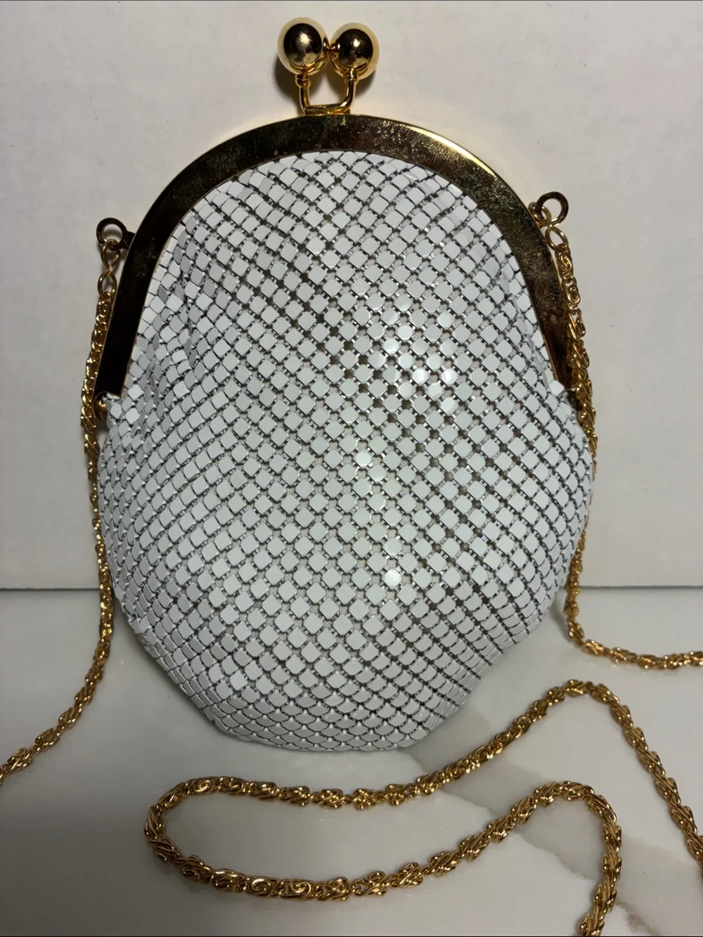 White Mesh Evening Crossbody Bag with Gold Chain